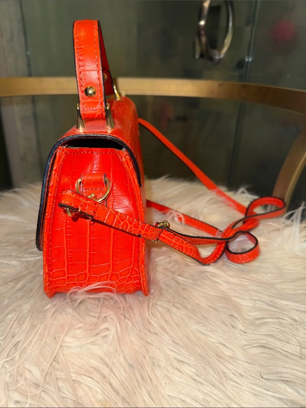 Orange Croc-Embossed Top Handle Bag - Unbranded